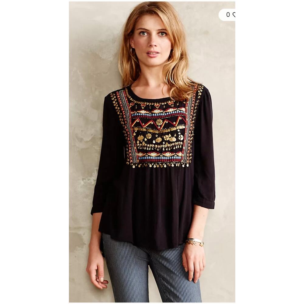 HD Paris Anthropologie Womens 2 Petite Multi Ari Viscose  Beaded Boho Blouse